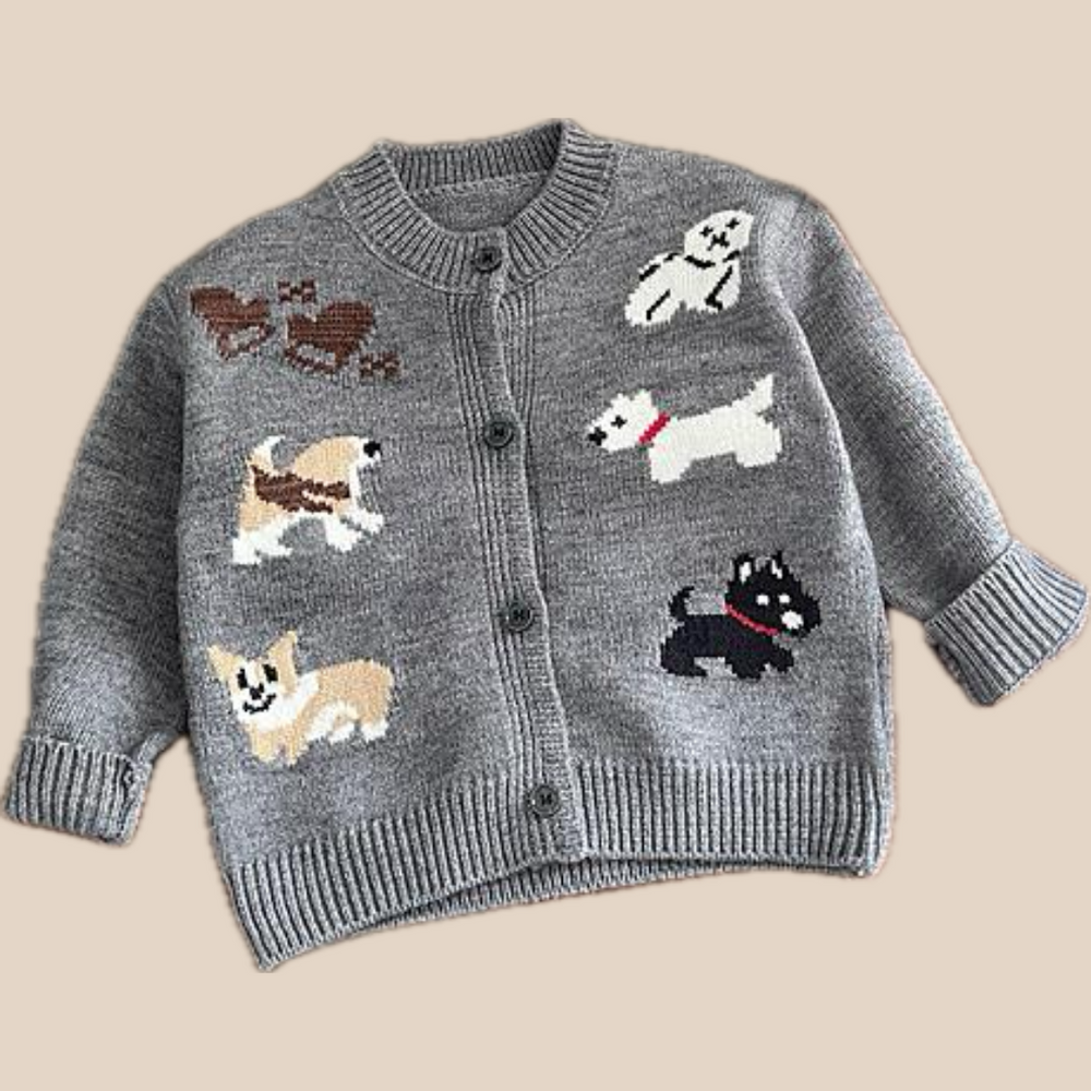 Stickad Kofta med Hundmotiv – Puppy Love Unisex, Grå, Bomull, Storlek 0–4 år More For Mini