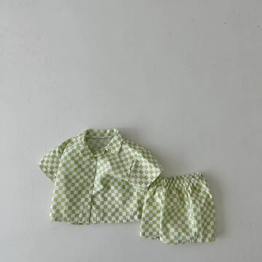 Trendig rutigt klädset med skjorta och shorts – Baby, småbarn, förskolebarn, barn, Rosa/Blå/Grön, Bomull, Storlek 0–6 år More For Mini