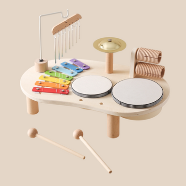 Trämusikbord – Pedagogiskt Musikinstrument för Barn, Inklusive Trummor, Xylofon & Cymbaler, från 1 år More For Mini