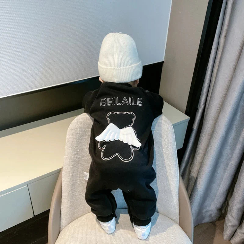 Jumpsuit met Engelenvleugels - Baby, Zwart/Wit, Katoen, Maat 0-2 Jaar-More For Mini