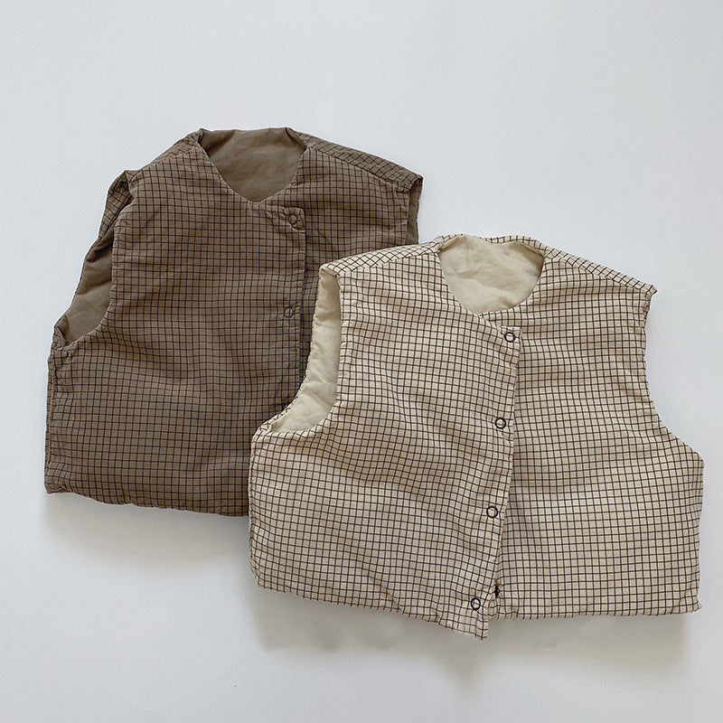 Vändbar Vadderad Väst – Rutigt Mönster Unisex, Brun/Beige, Bomull, 0–3 år More For Mini