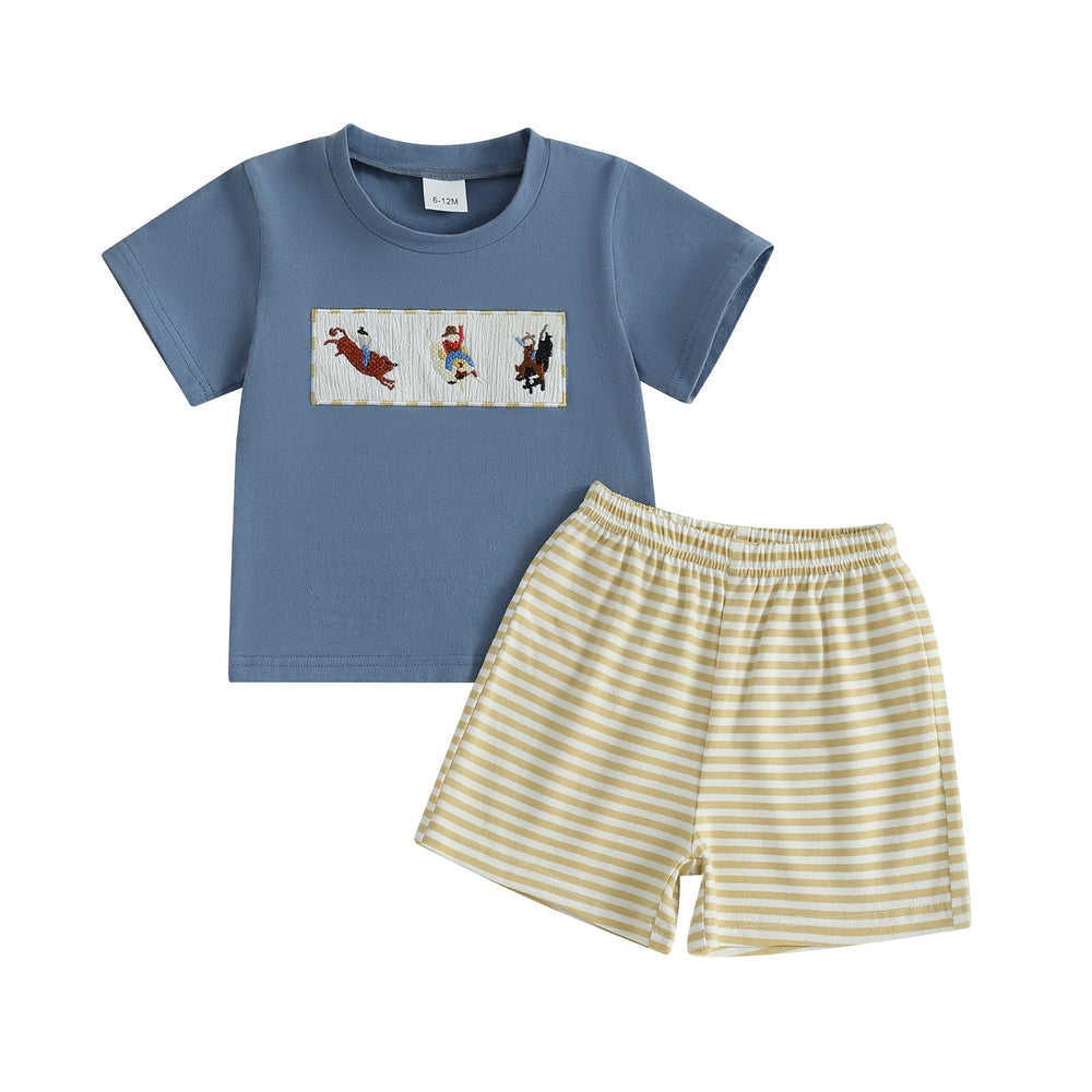 JungleJump Zomerset Jongens | T-shirt met Aapjes & Gestreepte Short | Katoen & Polyester | 6mnd–4jr | Blauw & Geel More For Mini