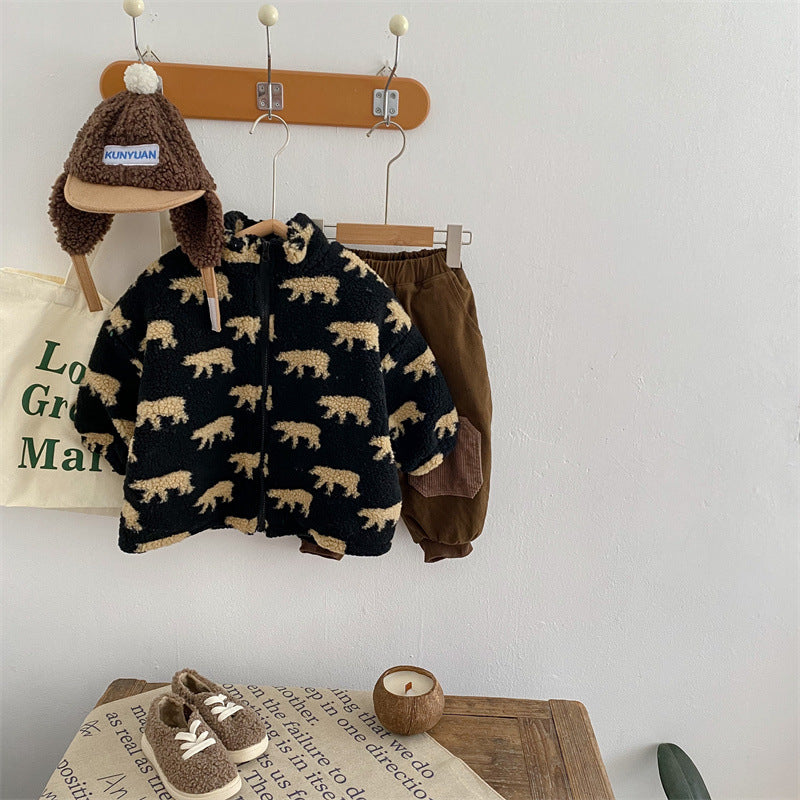 Fleece Vest met Berenmotief – Beren Unisex, Zwart/Groen, Maat 1-6 jaar-More For Mini