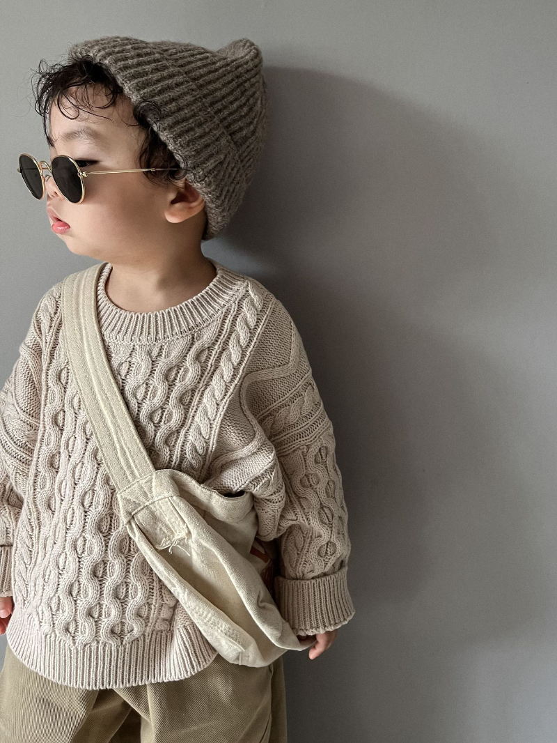 Gebreide Trui met Kabel - Pyong Unisex, Bruin/Groen/Beige, Katoen, Maat 0-6 Jaar-More For Mini