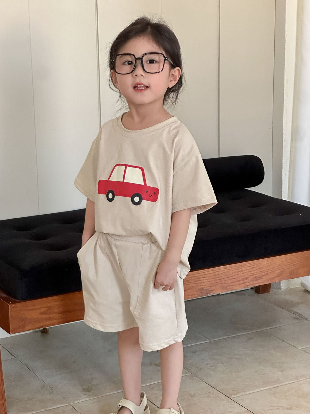 T-shirt och Shorts Sommarset – VroomVibes Unisex, Blå/Beige, Bomull, Storlek 0–8 år More For Mini