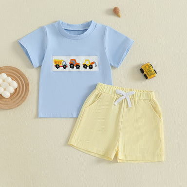 MiniMachines Zomerset Jongens | T-shirt met Bouwvoertuigen & Gestreepte Gele Short | Katoen & Polyester | 0–4 Jaar | Comfortabele Zomeroutfit More For Mini