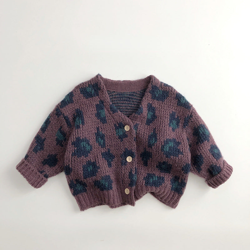 Gebreid Vest met Luipaard print - Meisjes, Beige/Paars, Katoen, Maat 0-6 Jaar-More For Mini