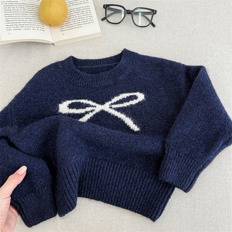 Gebreide Trui met Strik - BowSoft Meisjes, Blauw/Grijs, Katoen, Maat 0-6 Jaar-More For Mini