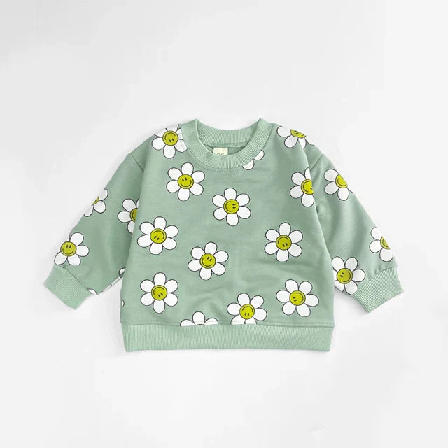 Sweater met Bloemenprint - Blije Bloemen Meisjes, Groen/Geel/Beige, Katoen, Maat 0-3 Jaar-More For Mini