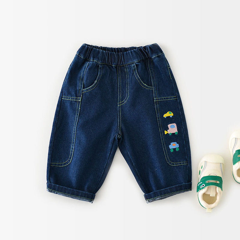Jeans med Biltryck – Little Wheels Jeans Pojke, Blå, Bomull, Denim, 0–3 År More For Mini