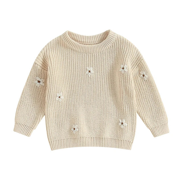 Gebreide Trui met Bloemen – Meisjes, Beige/Groen/Grijs/Paars/Roze, Katoen, Maat 0-6 Jaar-More For Mini