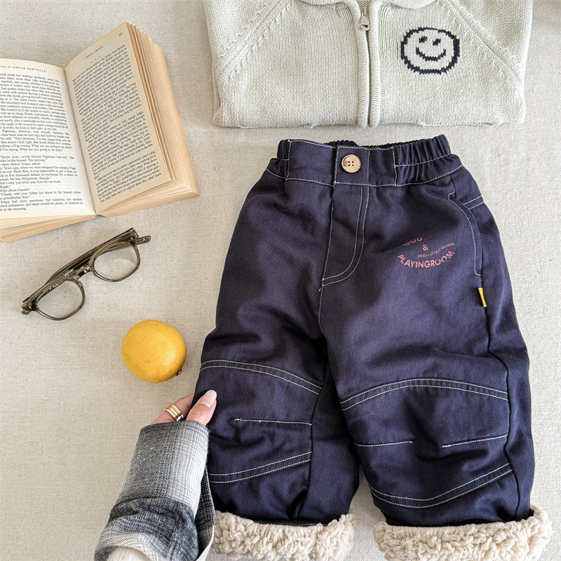 Broek met Fleece binnenkant - Little Explorer Unisex, Blauw/Groen/Gestreept, Katoen, Maat 0-6 Jaar-More For Mini