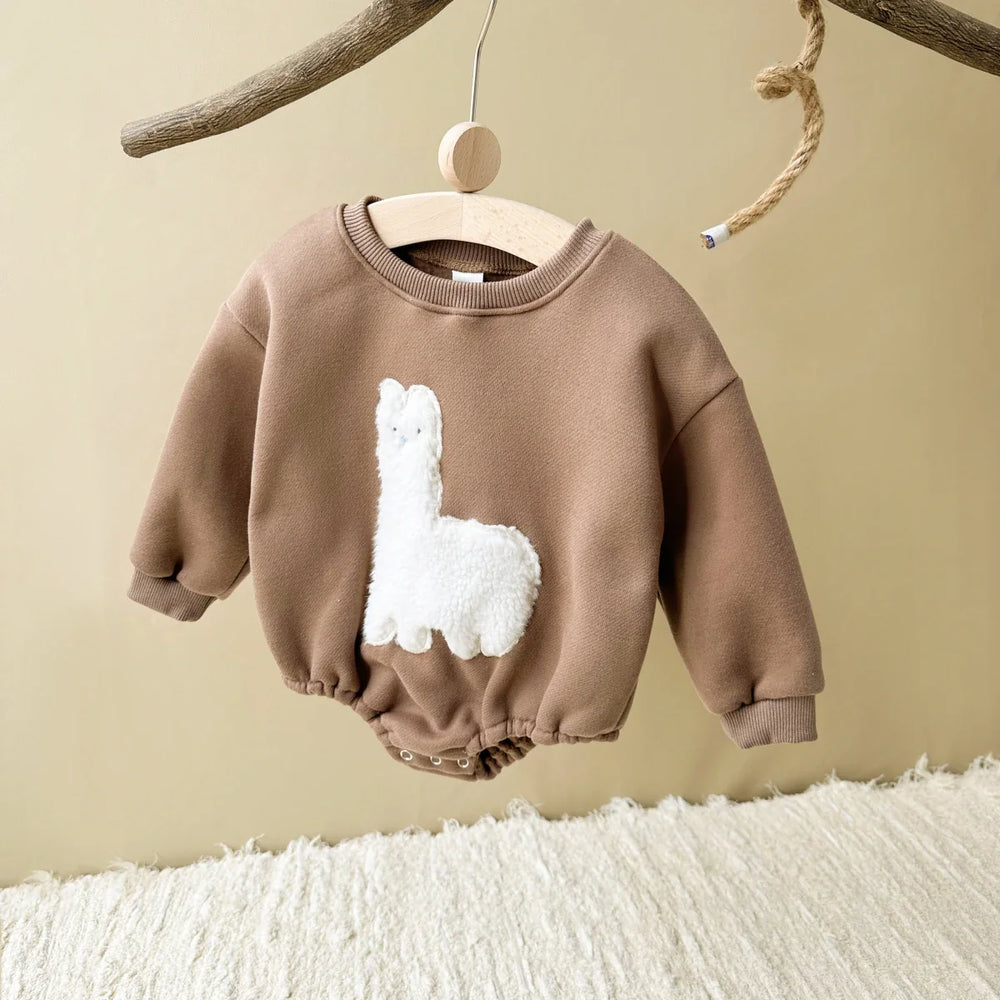 Bodysuit Romper met Lama print – Baby, Beige/Bruin, Katoen, Maat 0-1,5 Jaar-More For Mini