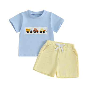 MiniMachines Zomerset Jongens | T-shirt met Bouwvoertuigen & Gestreepte Gele Short | Katoen & Polyester | 0–4 Jaar | Comfortabele Zomeroutfit More For Mini