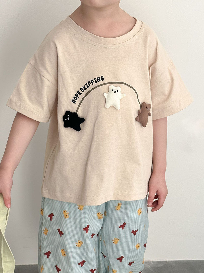 3D T-shirt med björnar som hoppar hopprep – Beary Bounce Unisex, Beige/Grön, Bomull, Storlek 0–8 år More For Mini