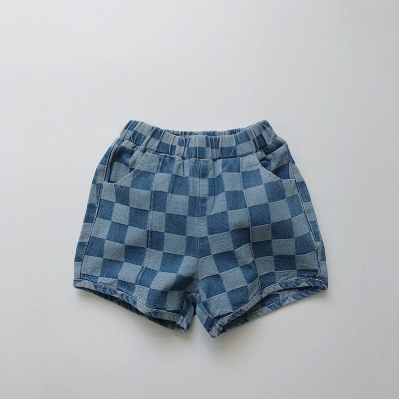 Nolu Checker Shorts – Rutiga Barnshorts Blå – Unisex Sommarshorts i Bomull – Resårmidja – Storlek 0–6 år More For Mini