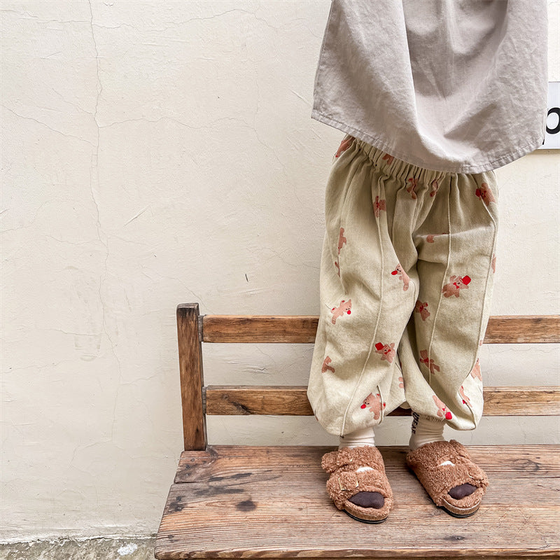 Baggybyxa med Björntryck – Bamboo Bear Unisex, Beige/Grå, Bomull, Storlek 0–6 år More For Mini