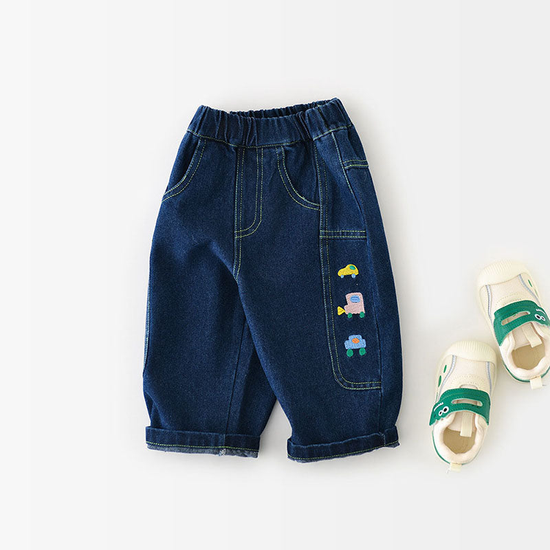 Jeans med Biltryck – Little Wheels Jeans Pojke, Blå, Bomull, Denim, 0–3 År More For Mini