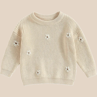 Stickad Tröja med Blommor – Flickor, Beige/Grön/Grå/Lila/Rosa, Bomull, Storlek 0–6 år More For Mini