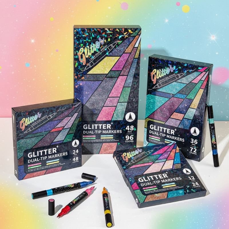 Dubbelsidiga glitterpennor i set – fin spets och penselspets, vattenbaserat bläck | tuschpennor