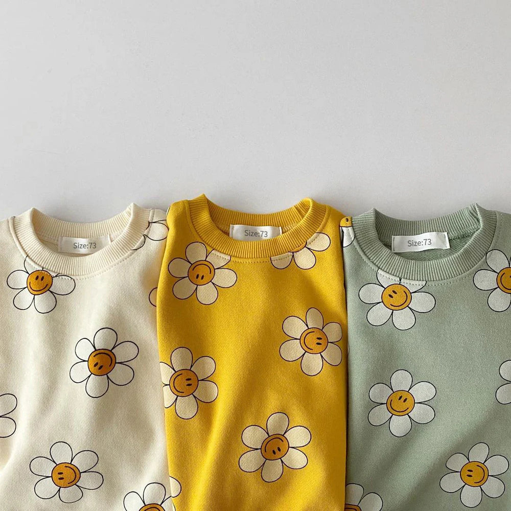 Sweater met Bloemenprint - Blije Bloemen Meisjes, Groen/Geel/Beige, Katoen, Maat 0-3 Jaar-More For Mini
