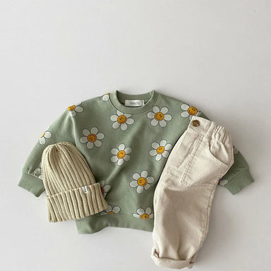 Sweater met Bloemenprint - Blije Bloemen Meisjes, Groen/Geel/Beige, Katoen, Maat 0-3 Jaar-More For Mini