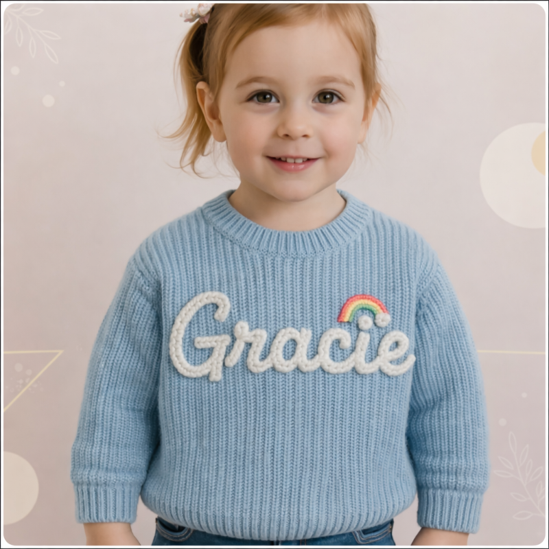 Barntröja med namn och julgranstryck – broderat, bomull, rund hals | jultröja baby