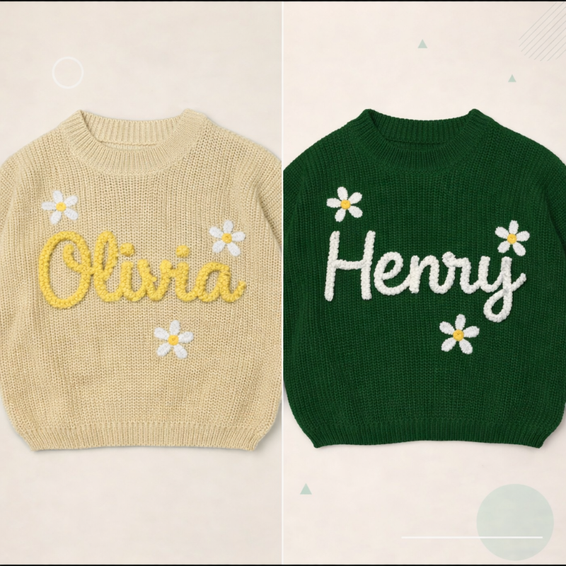 Barntröja med namn och julgranstryck – broderat, bomull, rund hals | jultröja baby