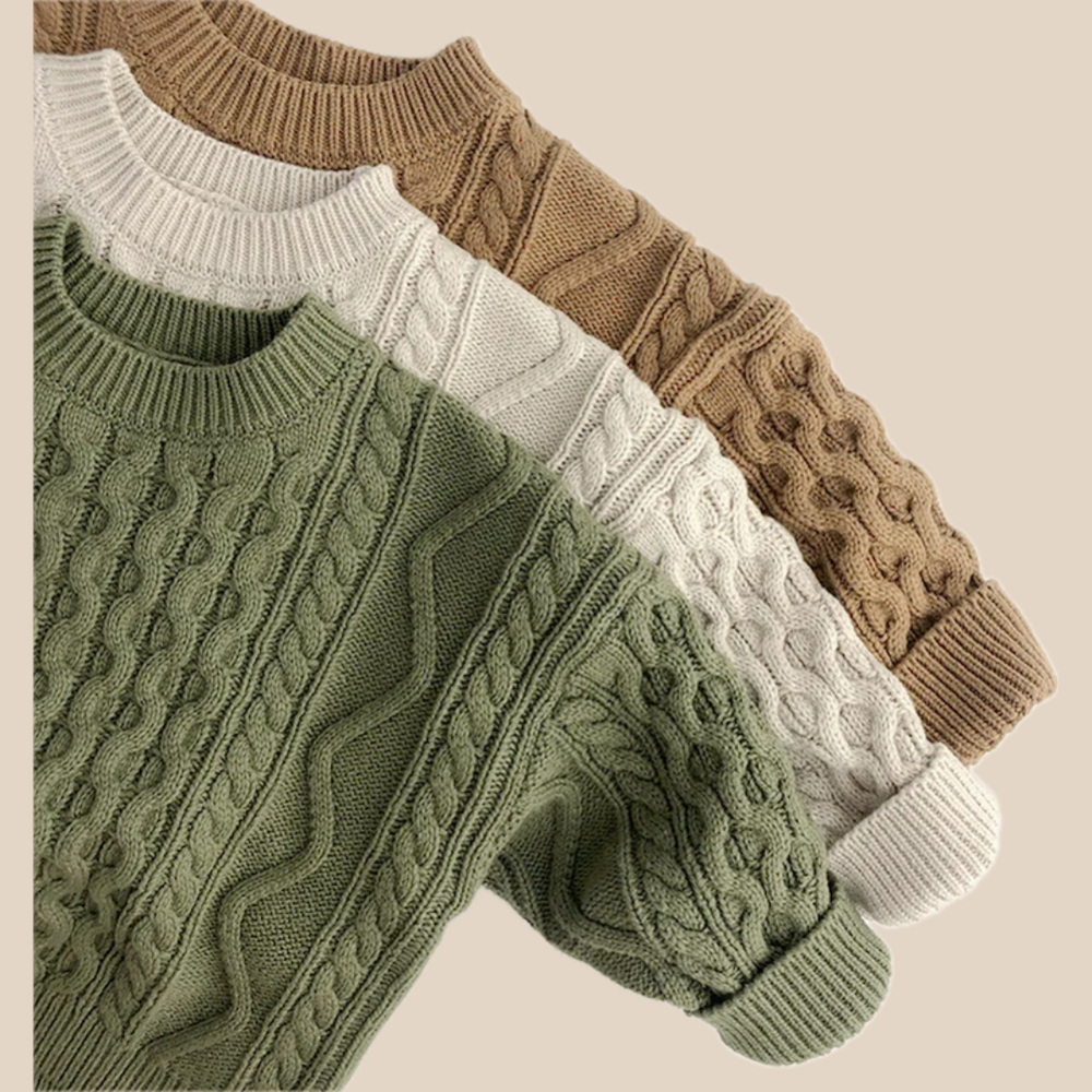 Stickad Tröja med Flätmönster – Pyong Unisex, Brun/Grön/Beige, Bomull, Storlek 0–6 år More For Mini