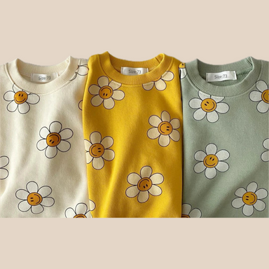 Sweatshirt med Blommönster – Glada Blommor Flickor, Grön/Gul/Beige, Bomull, Storlek 0–3 år More For Mini