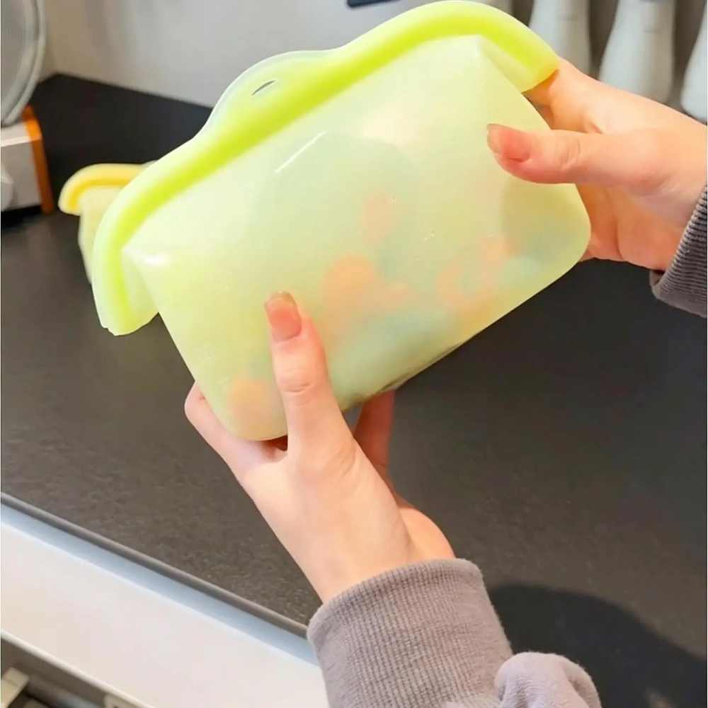 Förvaringspåse i silikon för mat, återanvändbar, med bred öppning och självstående design
