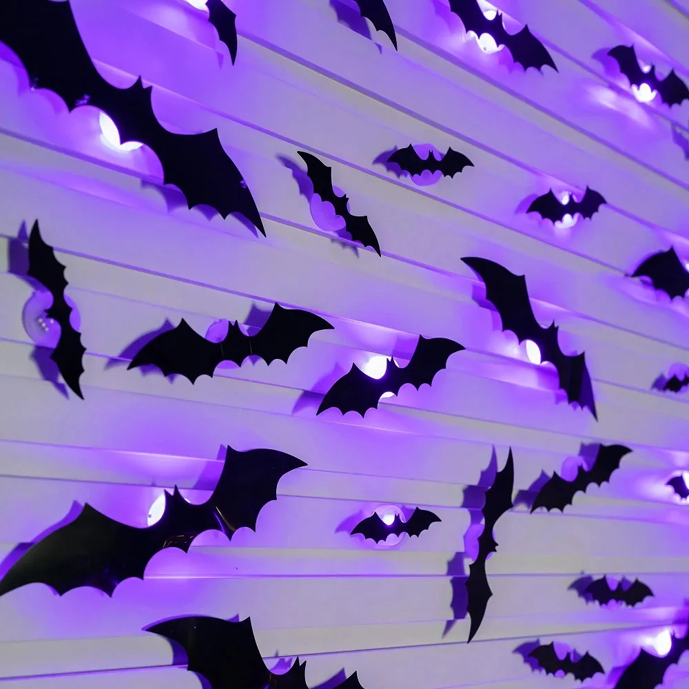Halloweendekoration med lysande fladdermöss – 3D-effekt, för vägg och dörr | väggdekaler