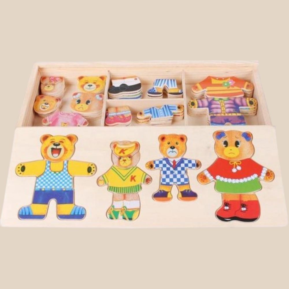 Träpusselsats – TeddyDress Klädpussel, Björnar, Trä, Från 2 År More For Mini