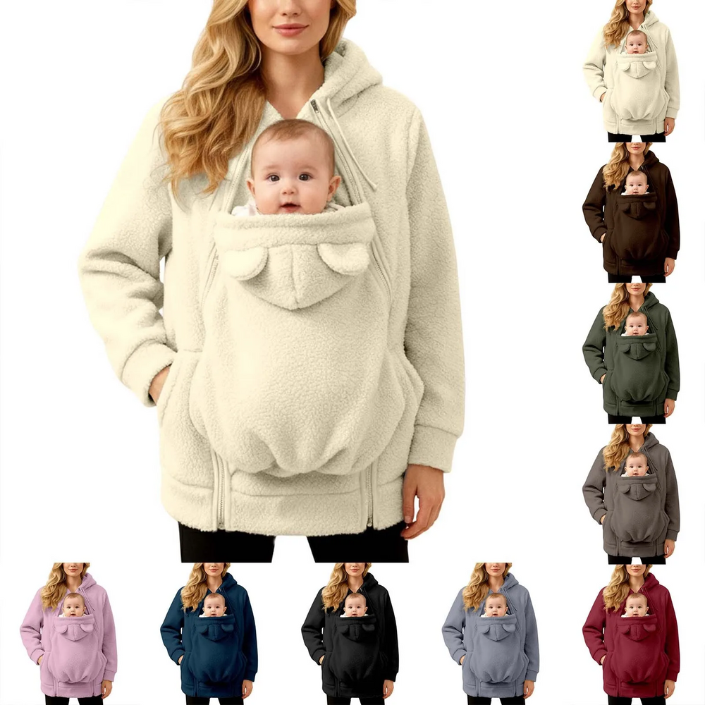 Bärjacka 2-i-1 för mamma och bebis – mjuk fleece, huva, dragkedja, fickor | babywearing-hoodie