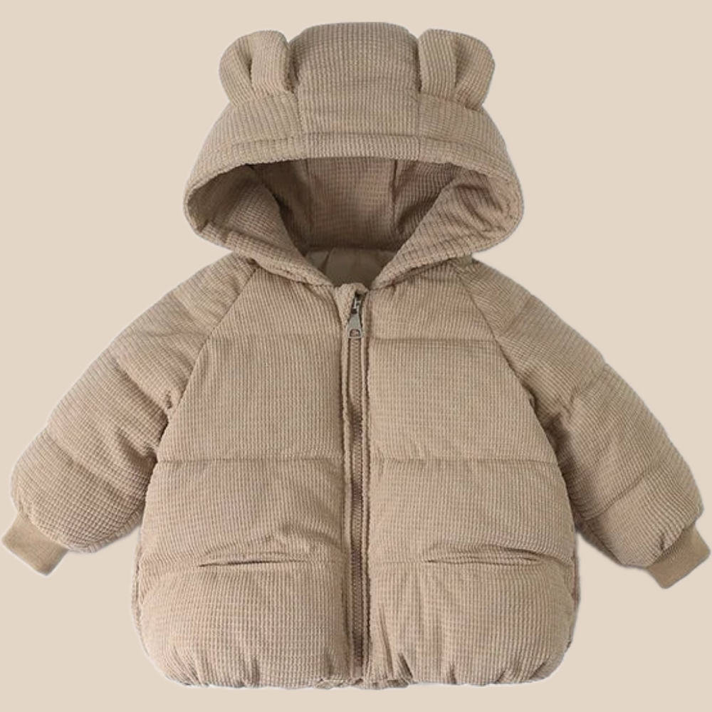 Vinterjacka med Björnöron och Ribbad Struktur – Lusa Flicka, Brun/Vit/Rosa/Beige, Polyester, Storlek 0–8 år More For Mini