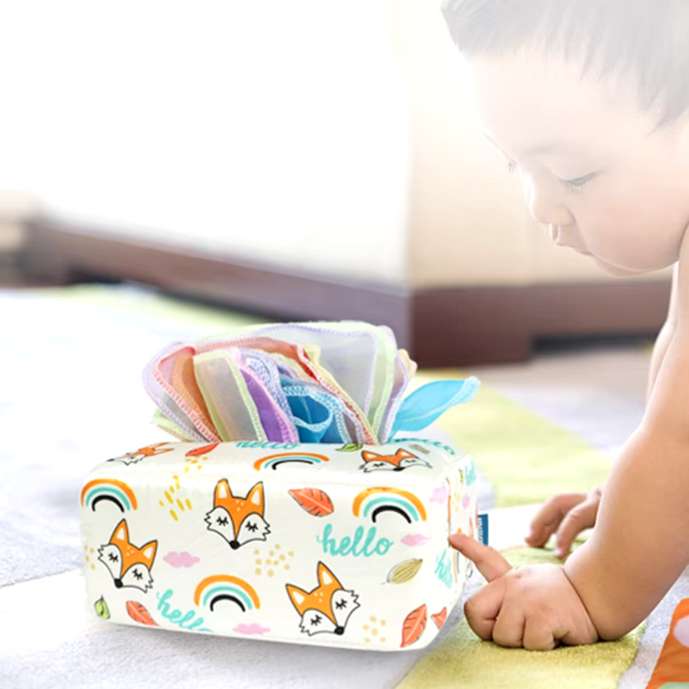 Montessori Speelgoed voor Baby’s – Sensorische Tissuebox met Doekjes | Stimuleert Ontwikkeling & Motoriek More For Mini