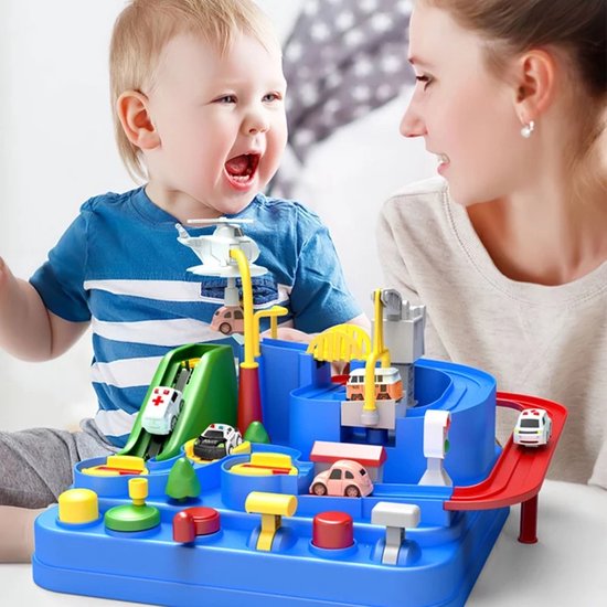 Lekset med bilar – TurboCity Äventyrsbana, Interaktiv, Batterifri, Inklusive 4 Fordon & Helikopter, Pedagogisk, 3+ år More For Mini