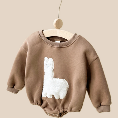 Bodysuit Romper med Lamamönster – Baby, Beige/Brun, Bomull, Storlek 0–1,5 år More For Mini