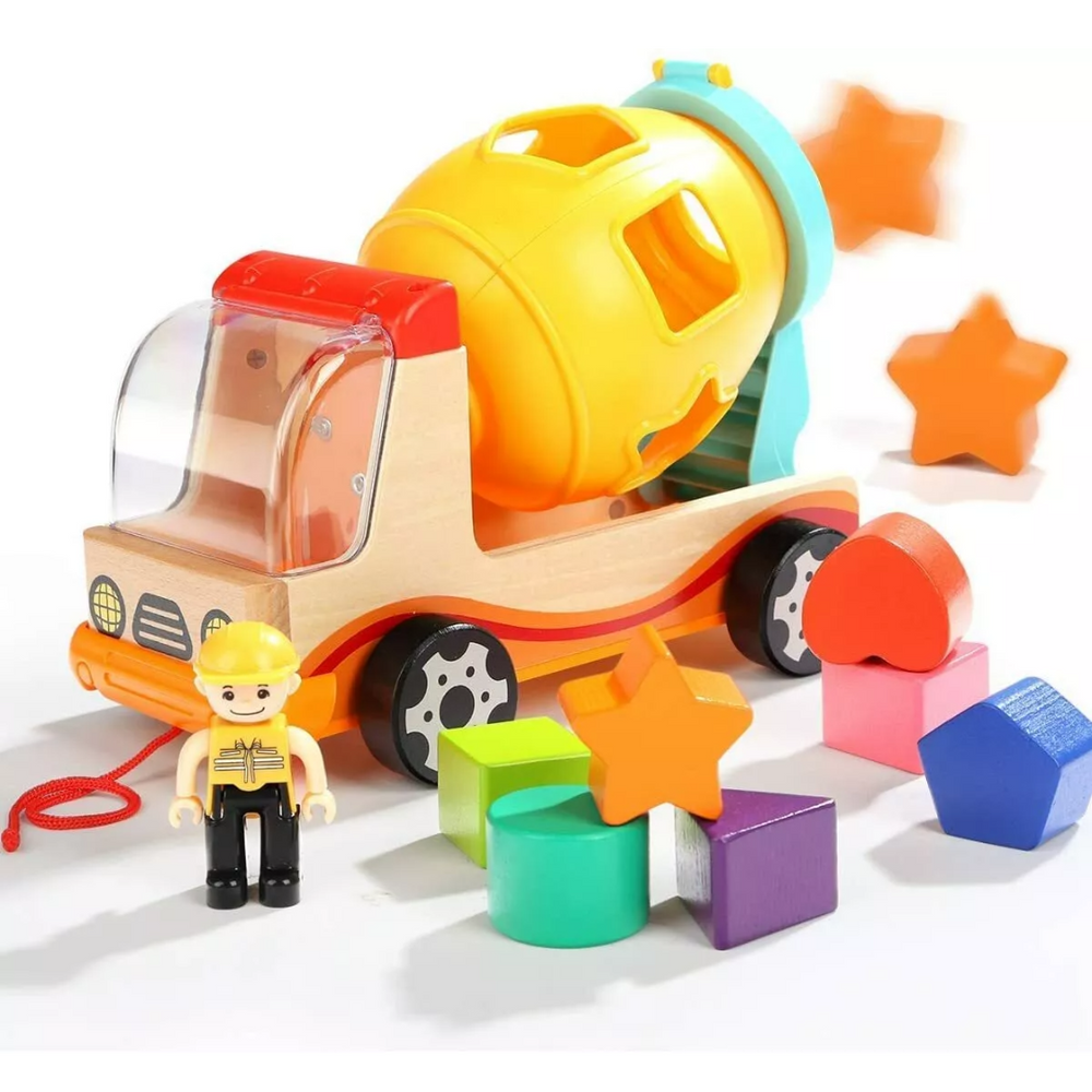 Houten Cementwagen met Vormensorteerder – Educatief Speelgoed vanaf 3 Jaar More For Mini
