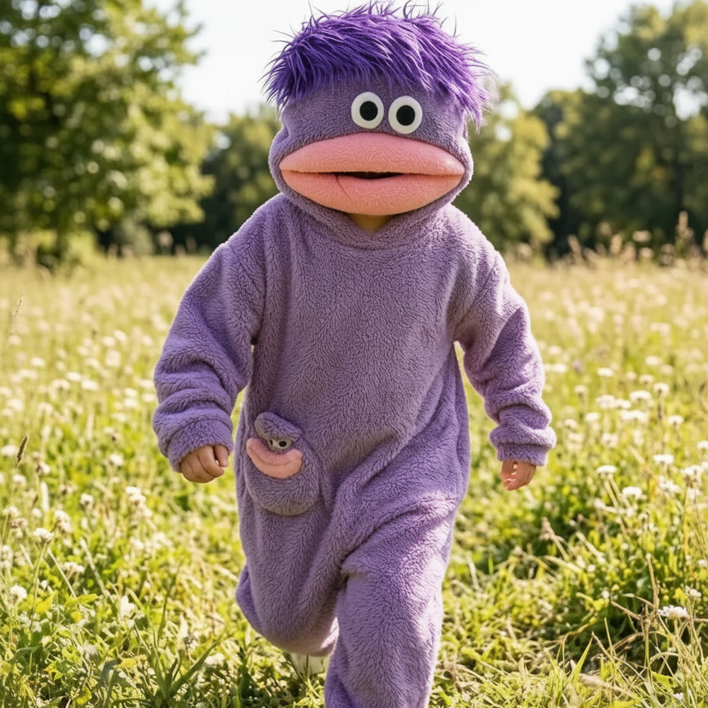 Onesie för barn med monsterdesign och huva – mjukt tyg, rymlig passform | utklädningsdräkt