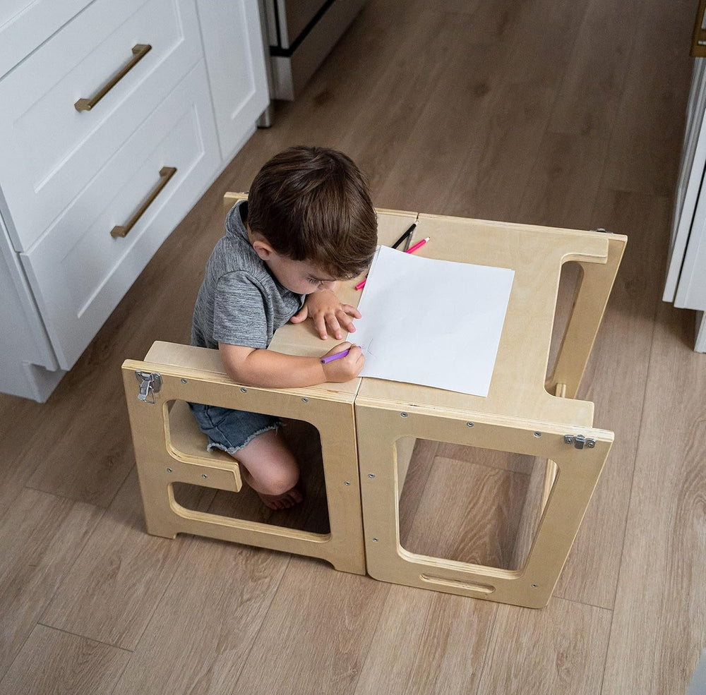 4-in-1 Peuter Leertoren & Tafel van Hout – Veilig, Meegroeiend & Multifunctioneel More For Mini