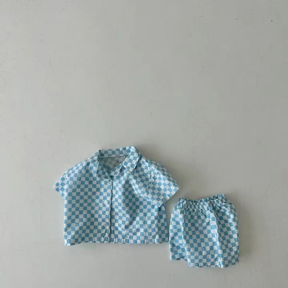 Trendig rutigt klädset med skjorta och shorts – Baby, småbarn, förskolebarn, barn, Rosa/Blå/Grön, Bomull, Storlek 0–6 år More For Mini