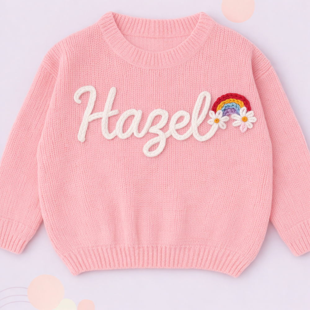 Barntröja med namn och julgranstryck – broderat, bomull, rund hals | jultröja baby