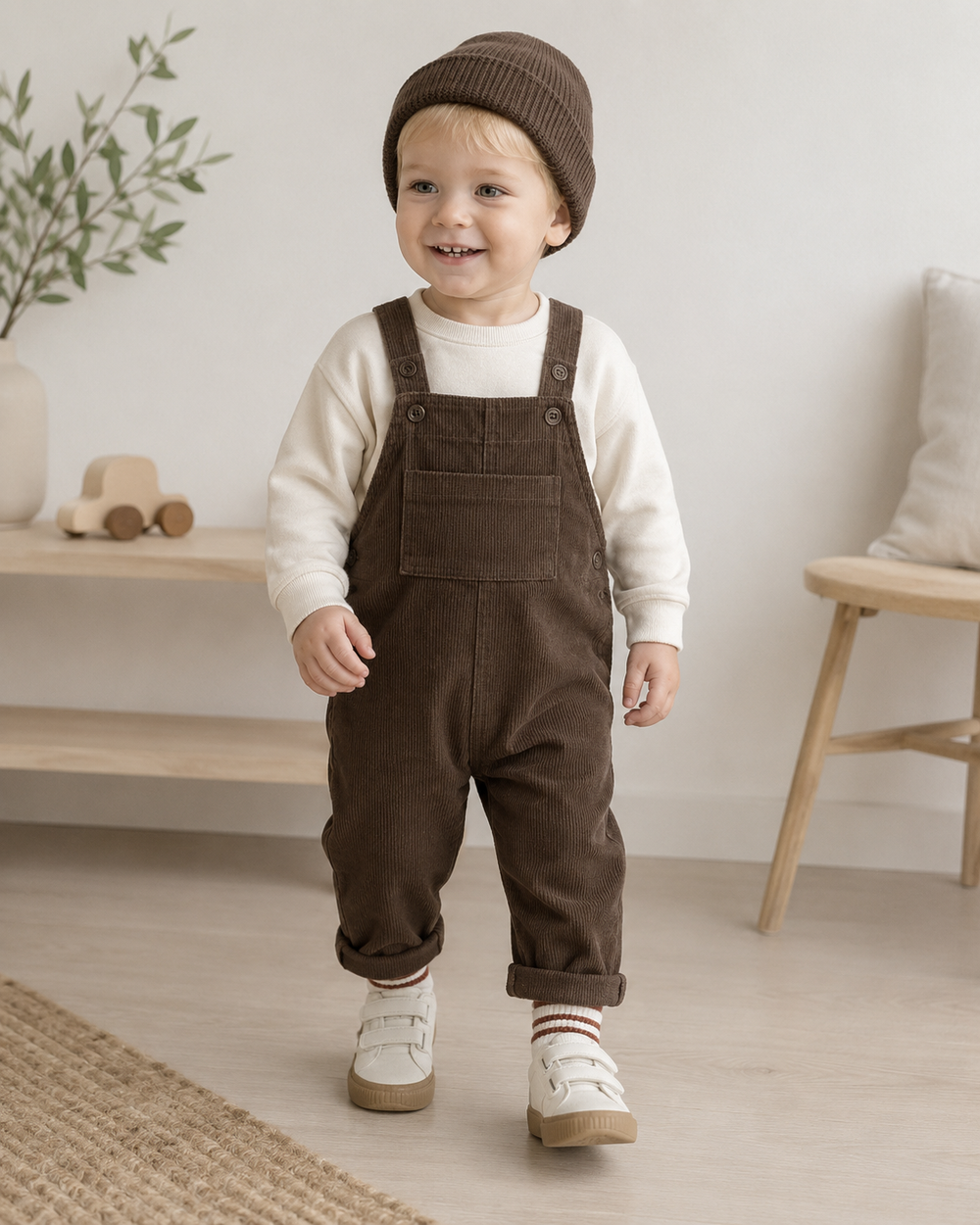 Ribbad hängselbyxa för baby och barn, unisex i bomull