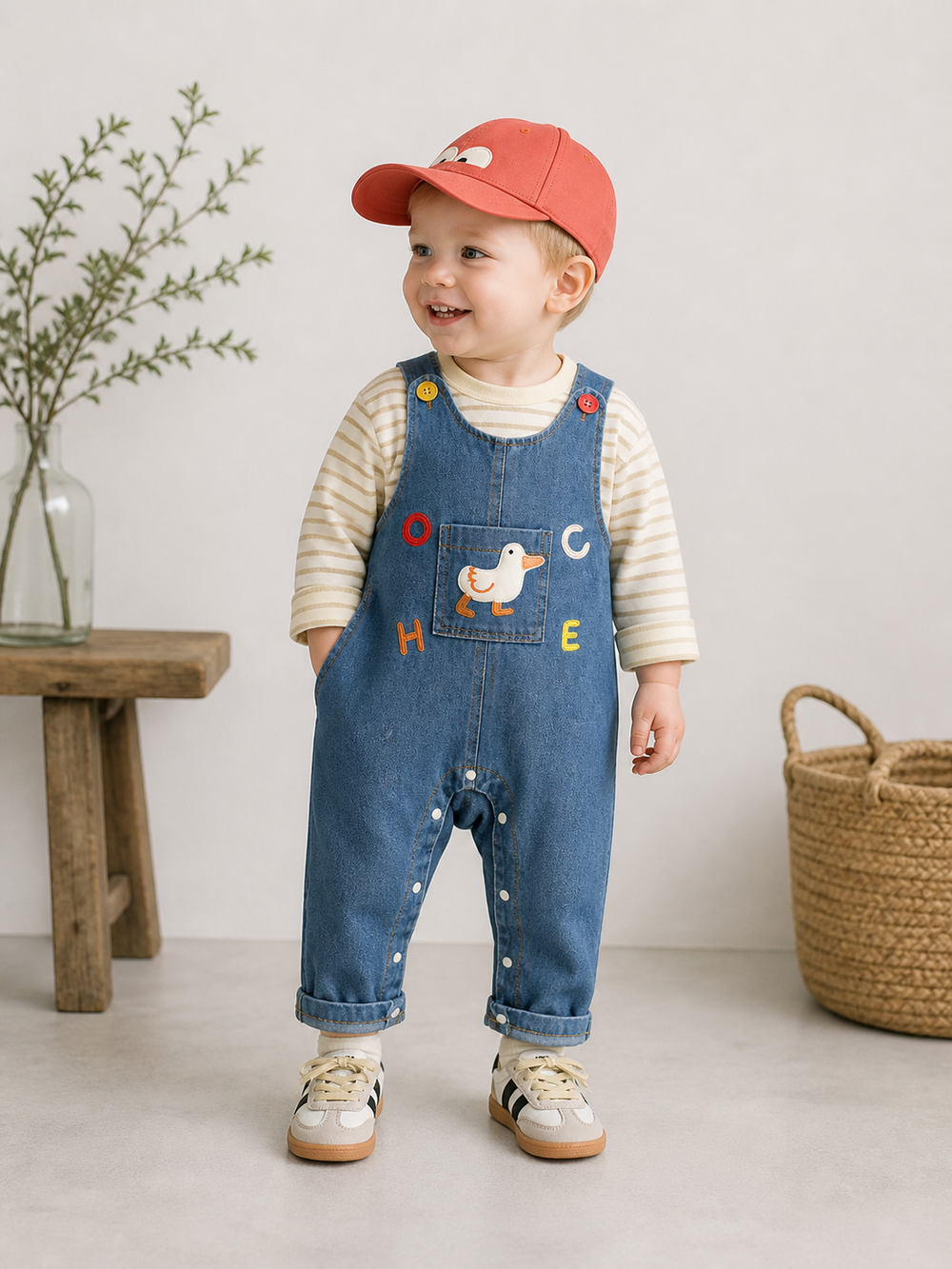 Baby Hängselbyxor i Denim med Anka – Unisex Outfit för Småbarn More For Mini