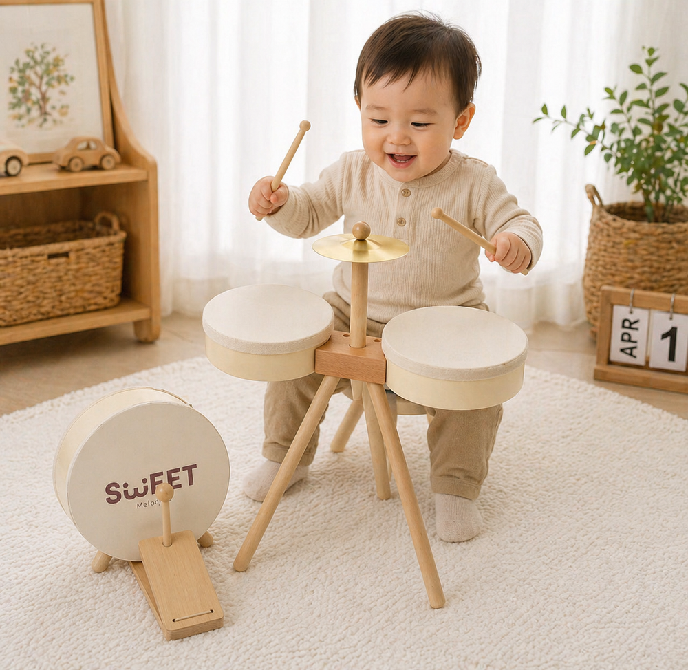 Trumset i trä med cymbal och xylofon – 5 instrument, bokträ | musikleksak