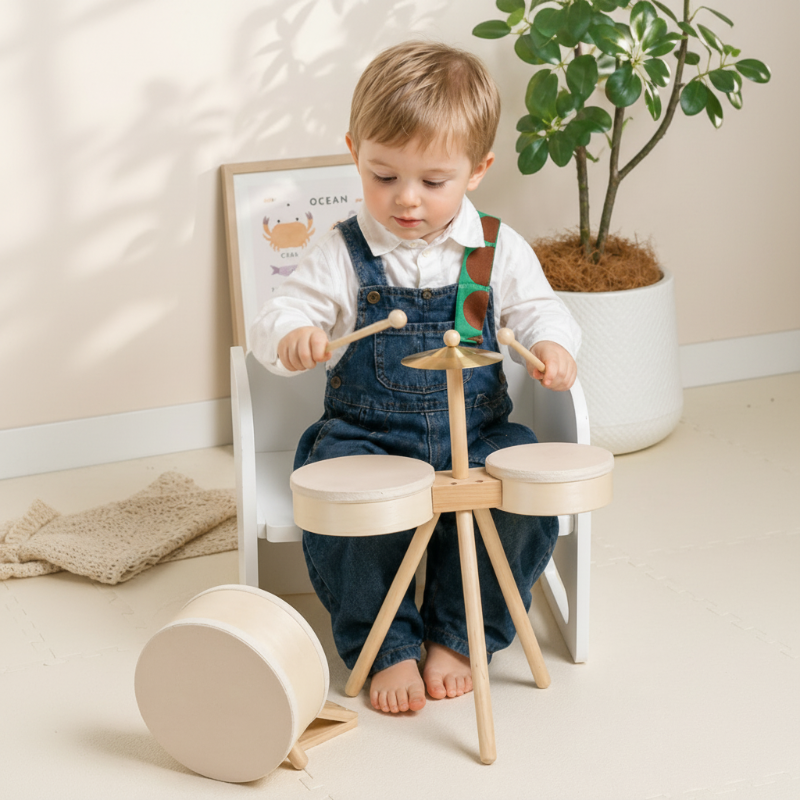 Trumset i trä med cymbal och xylofon – 5 instrument, bokträ | musikleksak