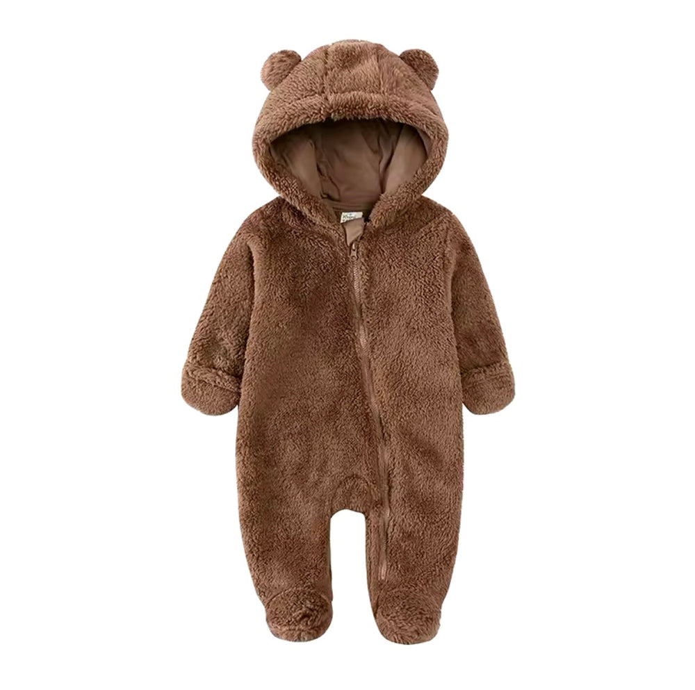 Varm teddyoverall för baby 0–1,5 år – Brun vinterdräkt med huva och öron | SnugNest More For Mini