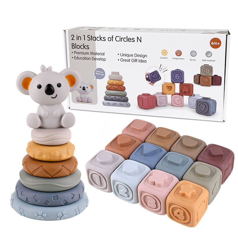 Stapel- och bitleksak koala med kuber och ringar – mjuk plast, texturer | babyleksak