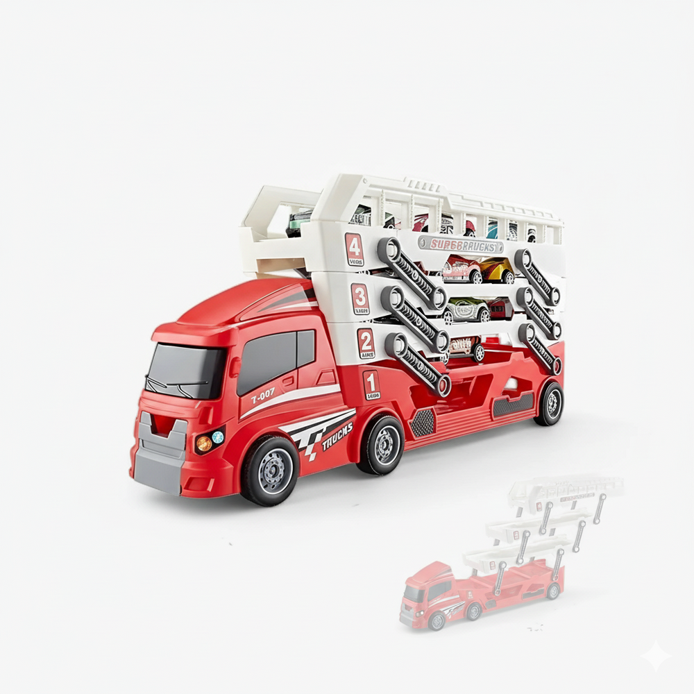 Leksaksbiltransport med 6 racerbilar – lastfunktion, utan batterier | lastbil